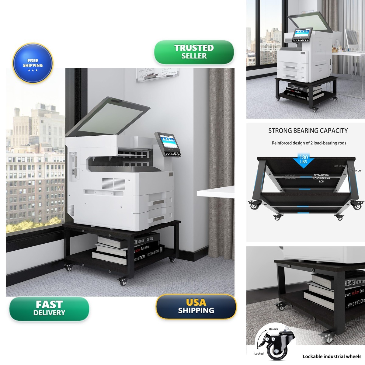 Natwind 2 Tier Laser Printer Stand, 24''x24'' Black