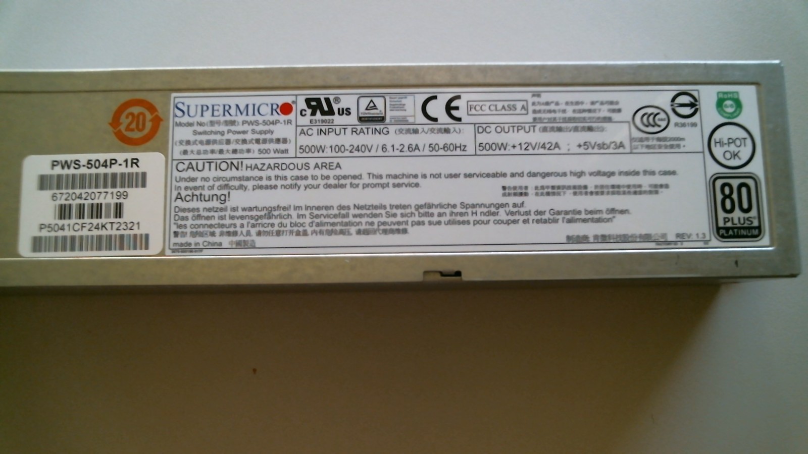 Supermicro 80 plus Platinum 500W redundant PS