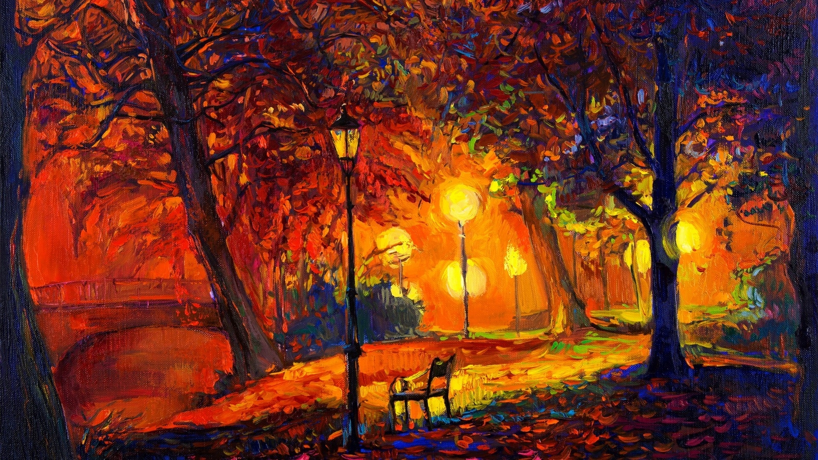 Landscape  art trees painting park bench lamp fall Custom Gaming Mat Desk