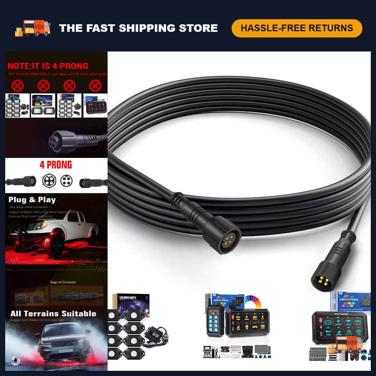 10FT 4 Pin Extension Cables - 2 Pack, Durable, Flexible, Ideal for LED Lights