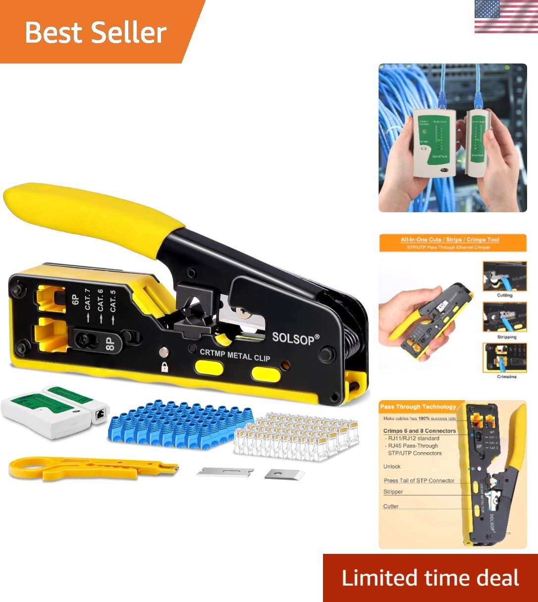 Versatile Ethernet Crimper & Cable Tester Kit: 50-Pack Cat6 Connectors Included