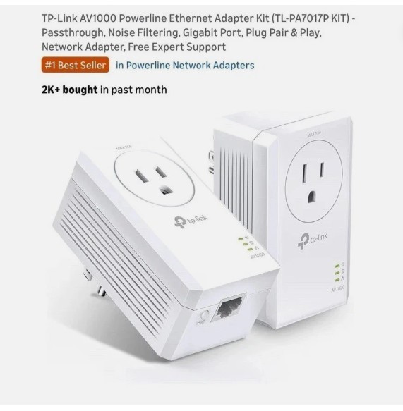 NEW TP-Link TL-PA7017P AV1000 Gigabit Passthrough Powerline Starter Kit