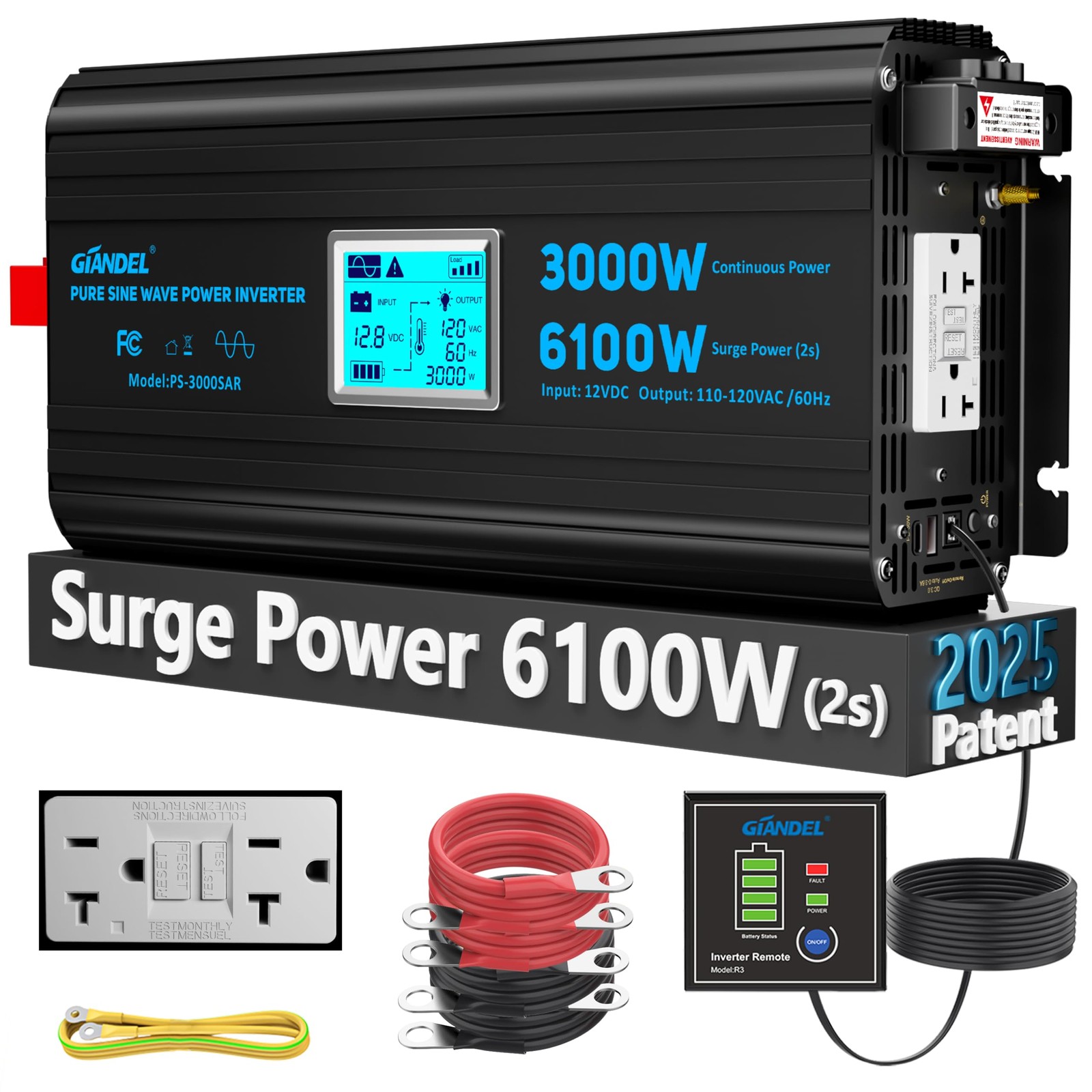 3000 W Power Inverter Pure Sine Wave,6100W Max,12V DC to 120V AC