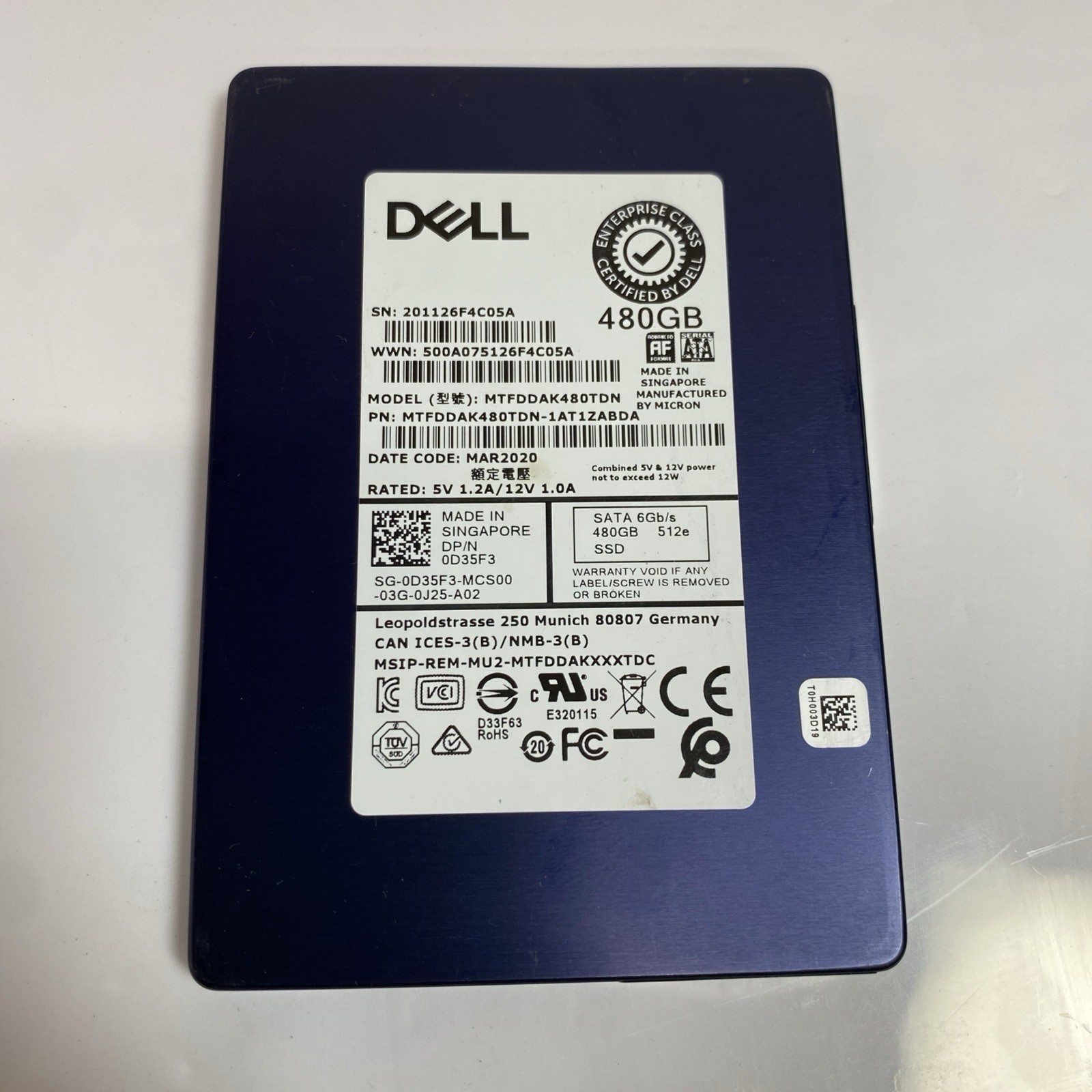 D35F3 Dell 480GB SATA Mixed Use 2.5" 6Gbps 512e 0D35F3 MTFDDAK480TDN SSD
