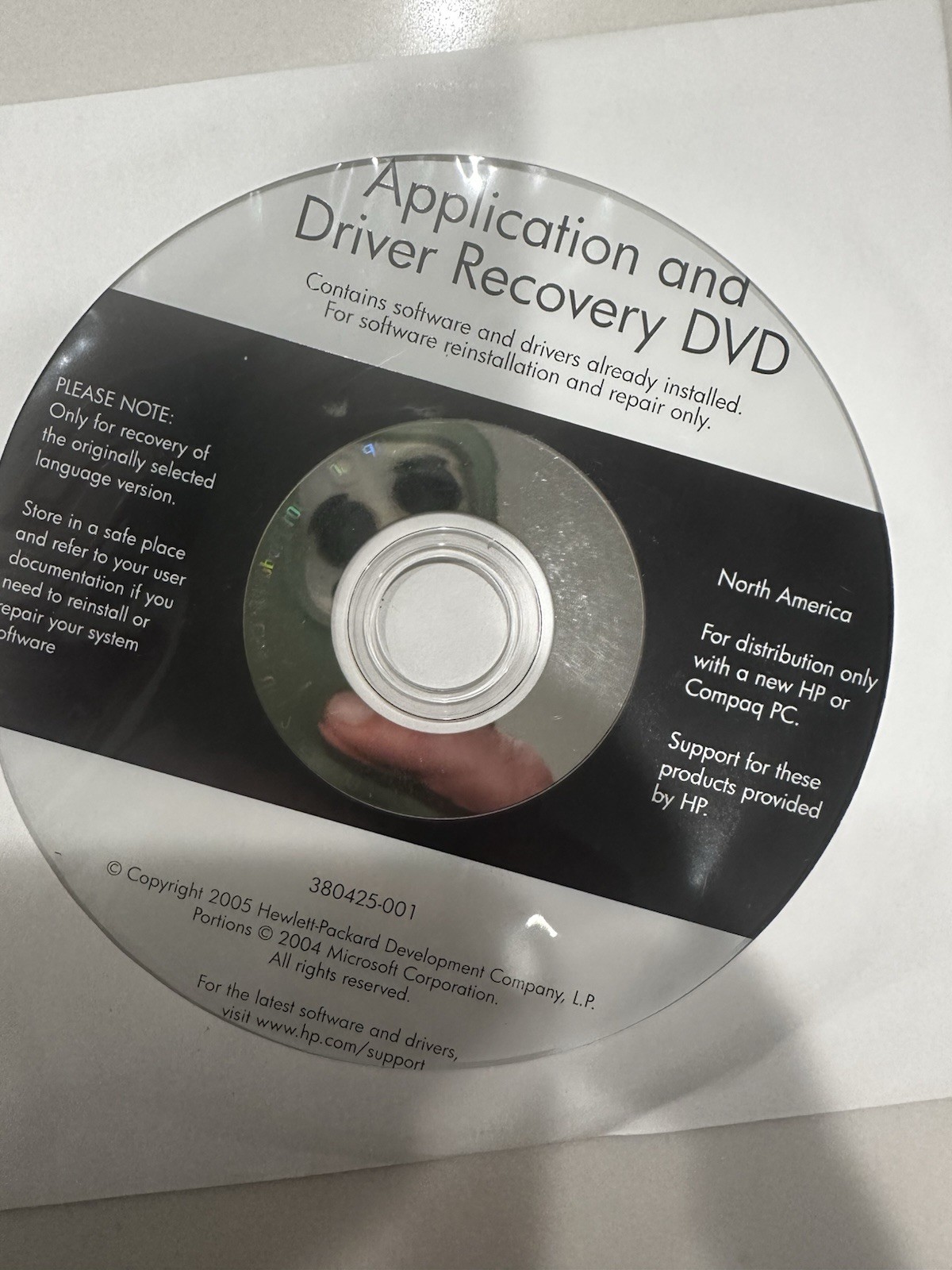 HP Application and Driver Recovery DVD 380425-001 Windows English
