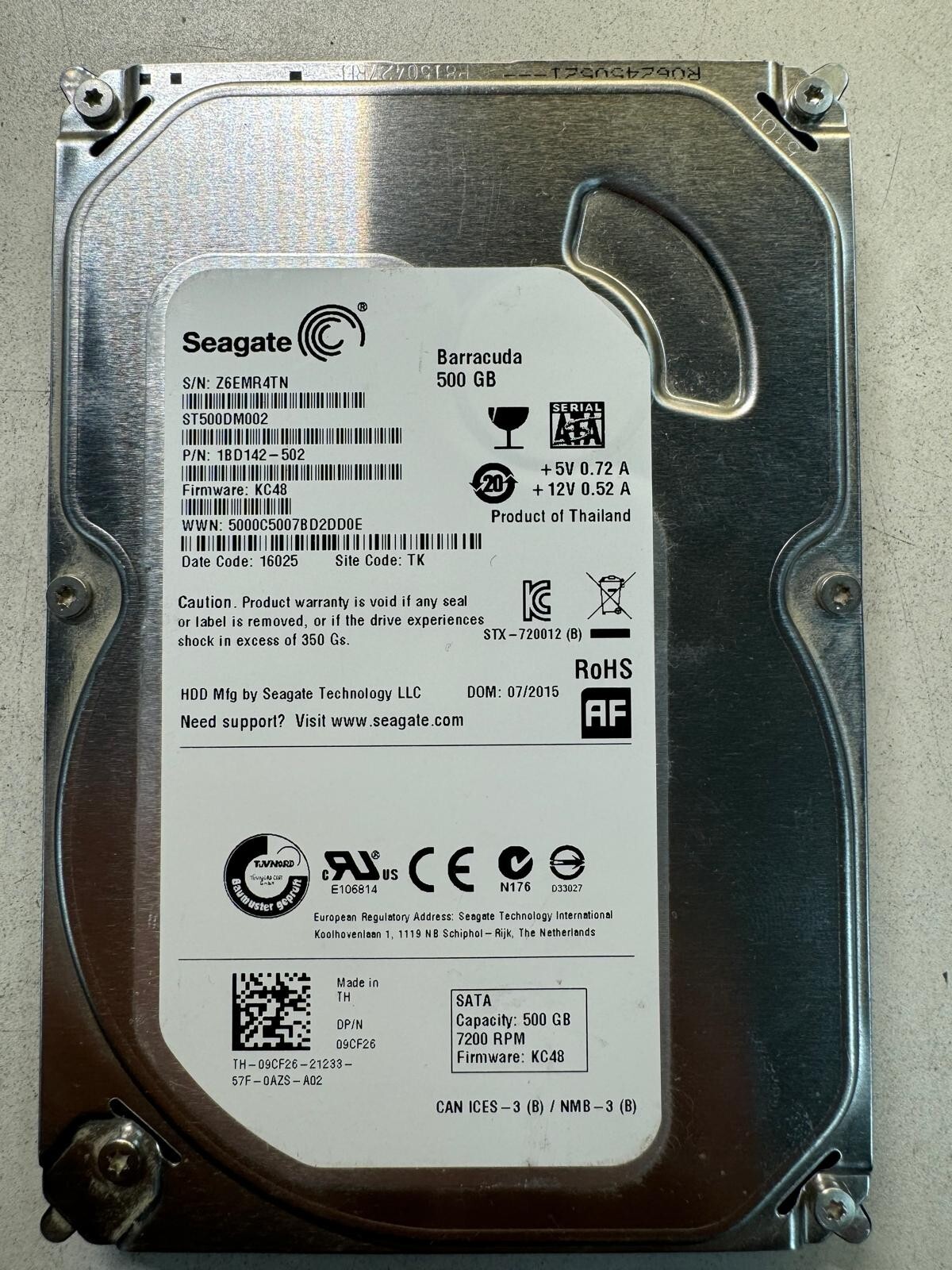 DELL 9CF26 ST500DM002 1BD142-502 500GB Firmware KC48 Date Code 16025 SATA 3.5"