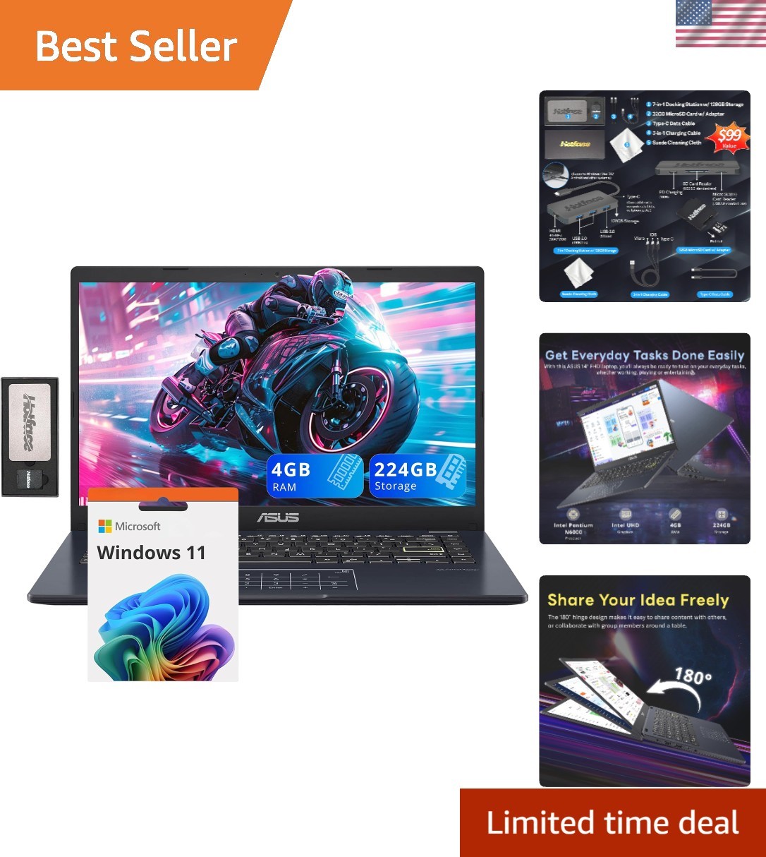 Versatile 14" Vivobook Laptop - 224GB Storage, HD Webcam, Bluetooth 5.1 - Win 11
