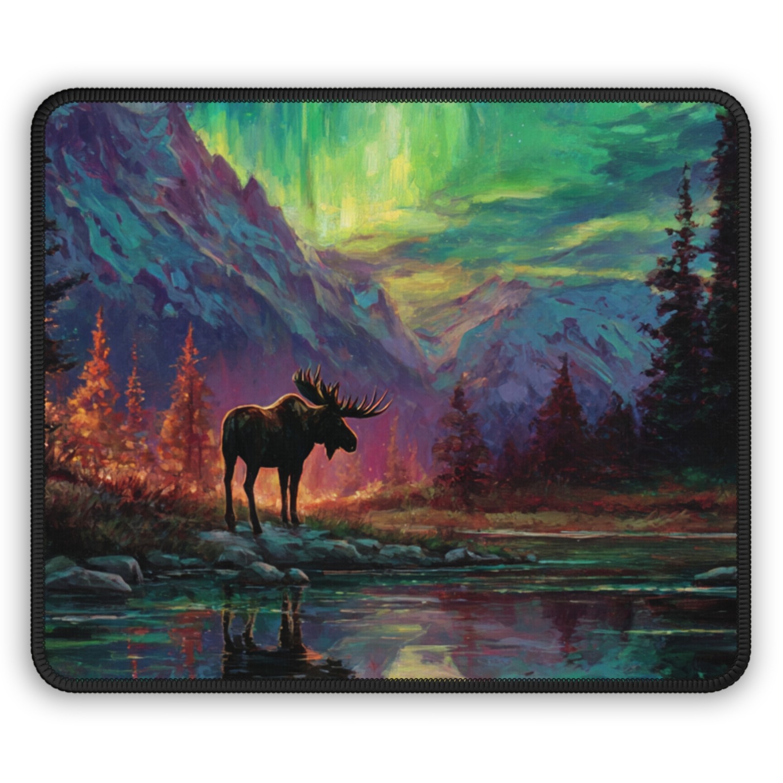Northern Lights Moose Gaming Mouse Pad | Aurora Wilderness Art