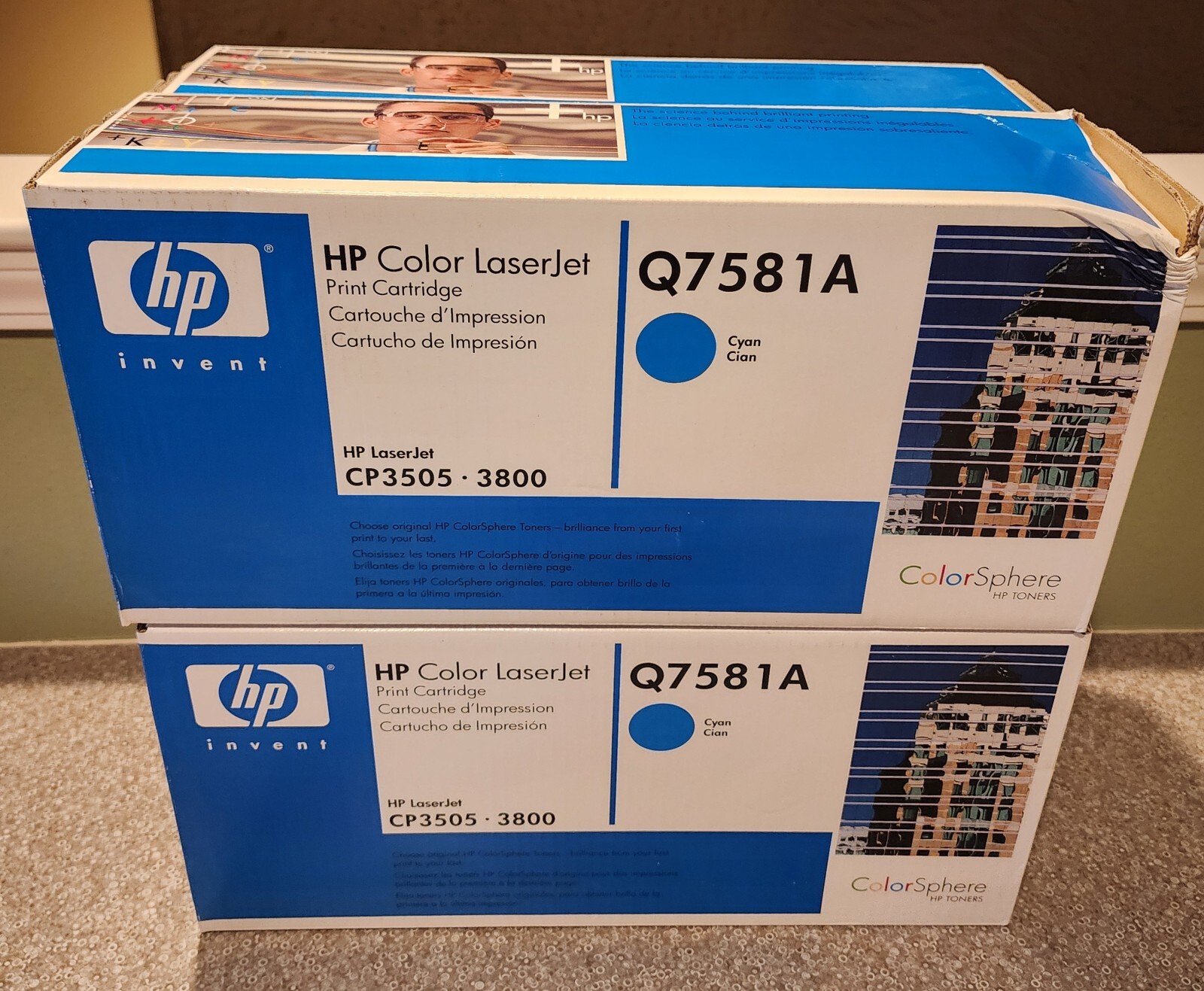 Lot of (4x) New Genuine Sealed HP Q7581A Cyan toner, HP LJ CP3505, 3800