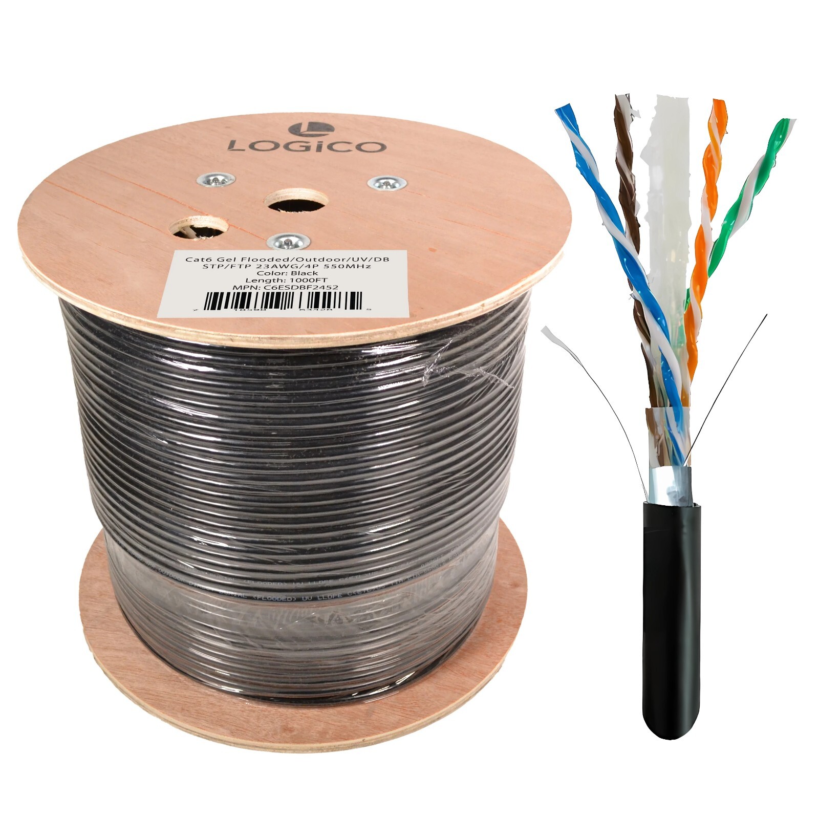 Cat6 Shielded Ethernet Cable 1000FT Outdoor Direct Burial Gel 23AWG Pure Copper