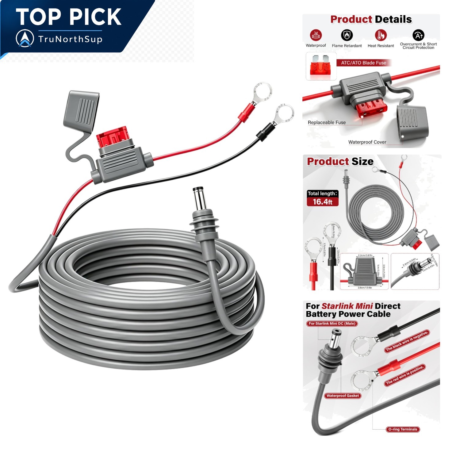 Starlink Mini Battery Power Cable 16.4ft 18AWG DC Extension O Ring Connectors