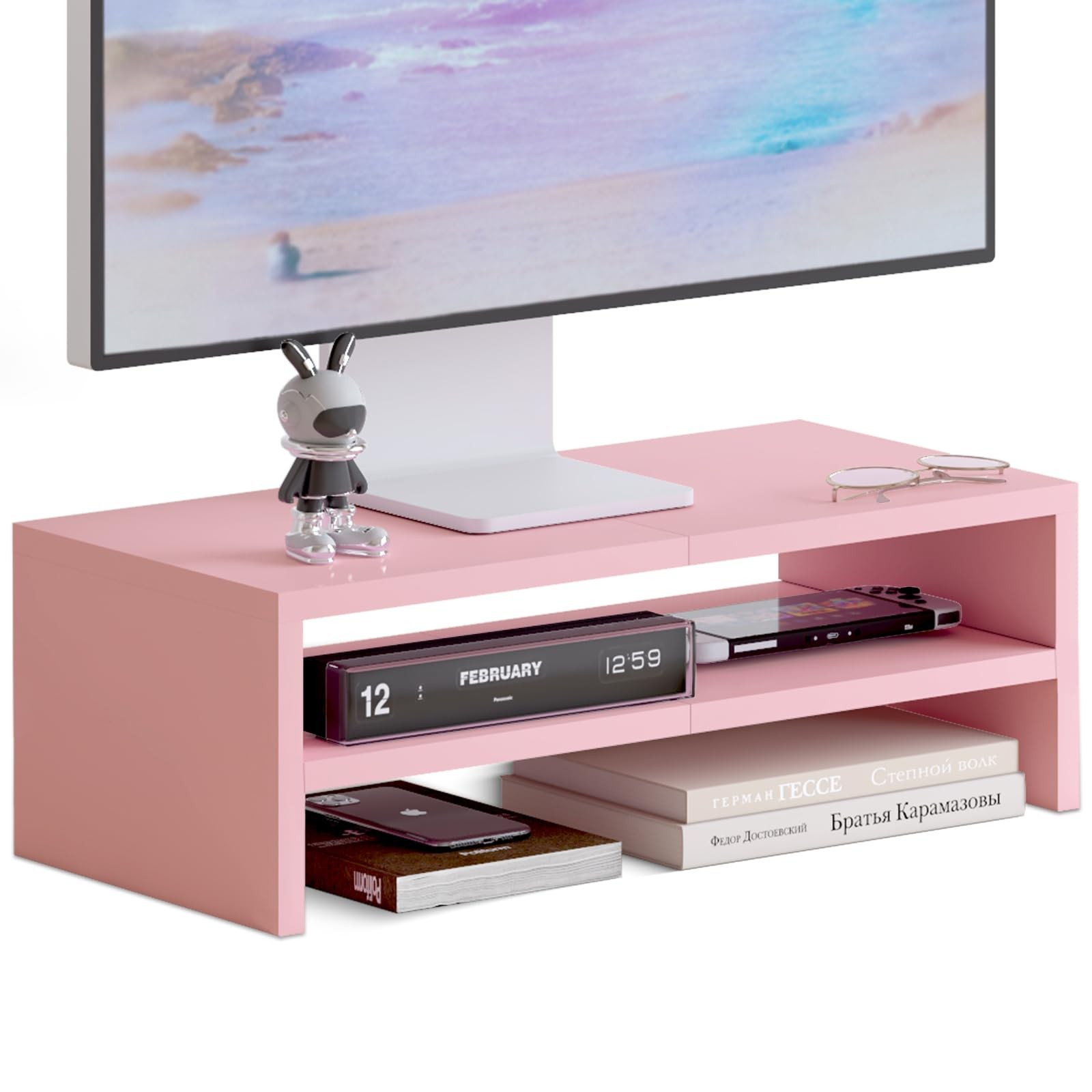 TEAMIX 2 Tiers Pink Monitor Stand Riser, Desktop with 2 tiers,