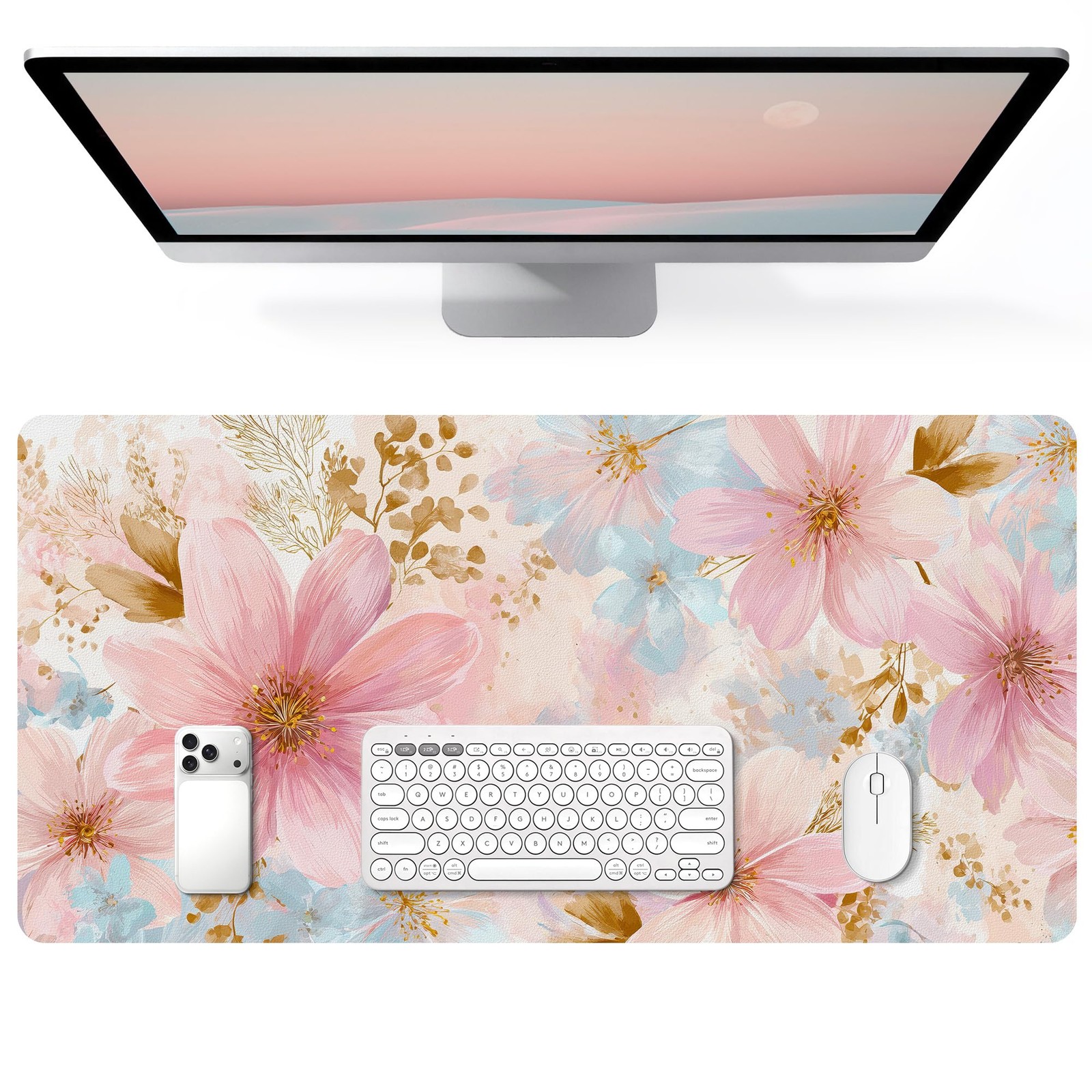 Desk Mat Desk Pad for Keyboard and , 31.5 x 15.7 in, Pastel Pink Blue Floral ...