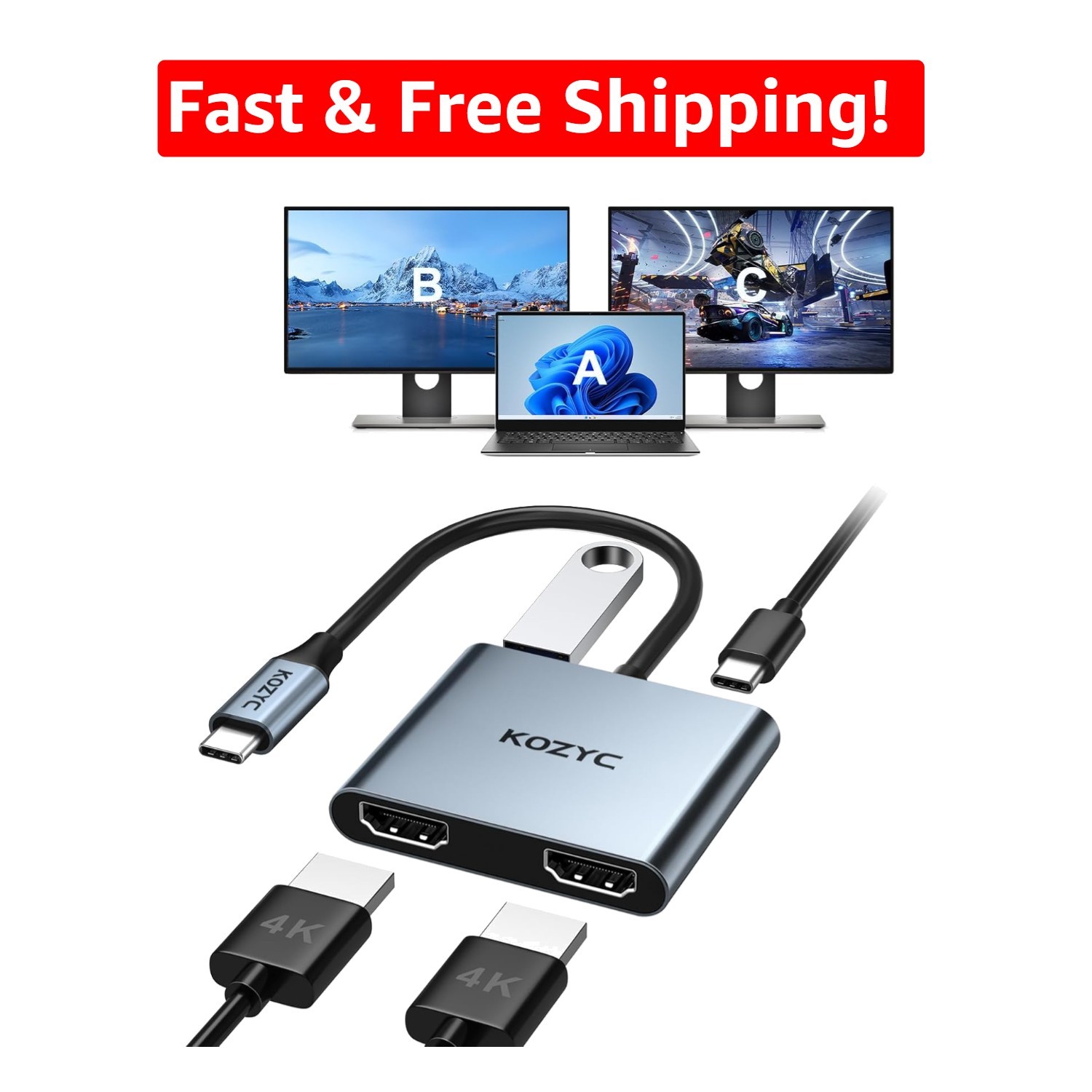 Stylish Silver USB C Hub - Dual HDMI & High-Speed USB 3.0 for Gaming & More
