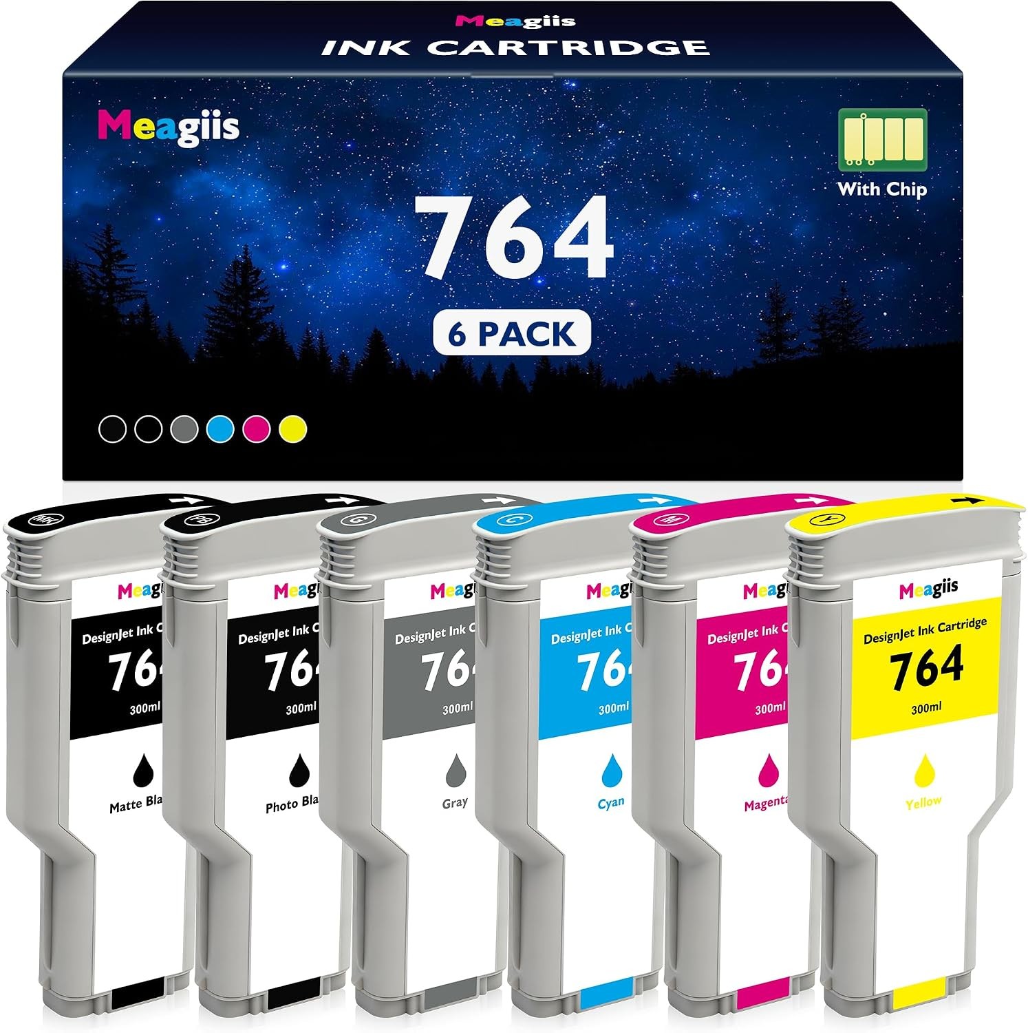 Ink Cartridge with Chip for HP 764 DesignJet T3500 PostScript Printer 6-Pack