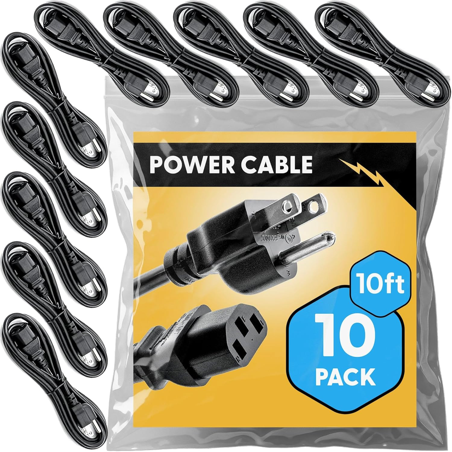 10 Pack 10FT 18AWG IEC C13 to NEMA 5-15P Power Cord 10A 125V