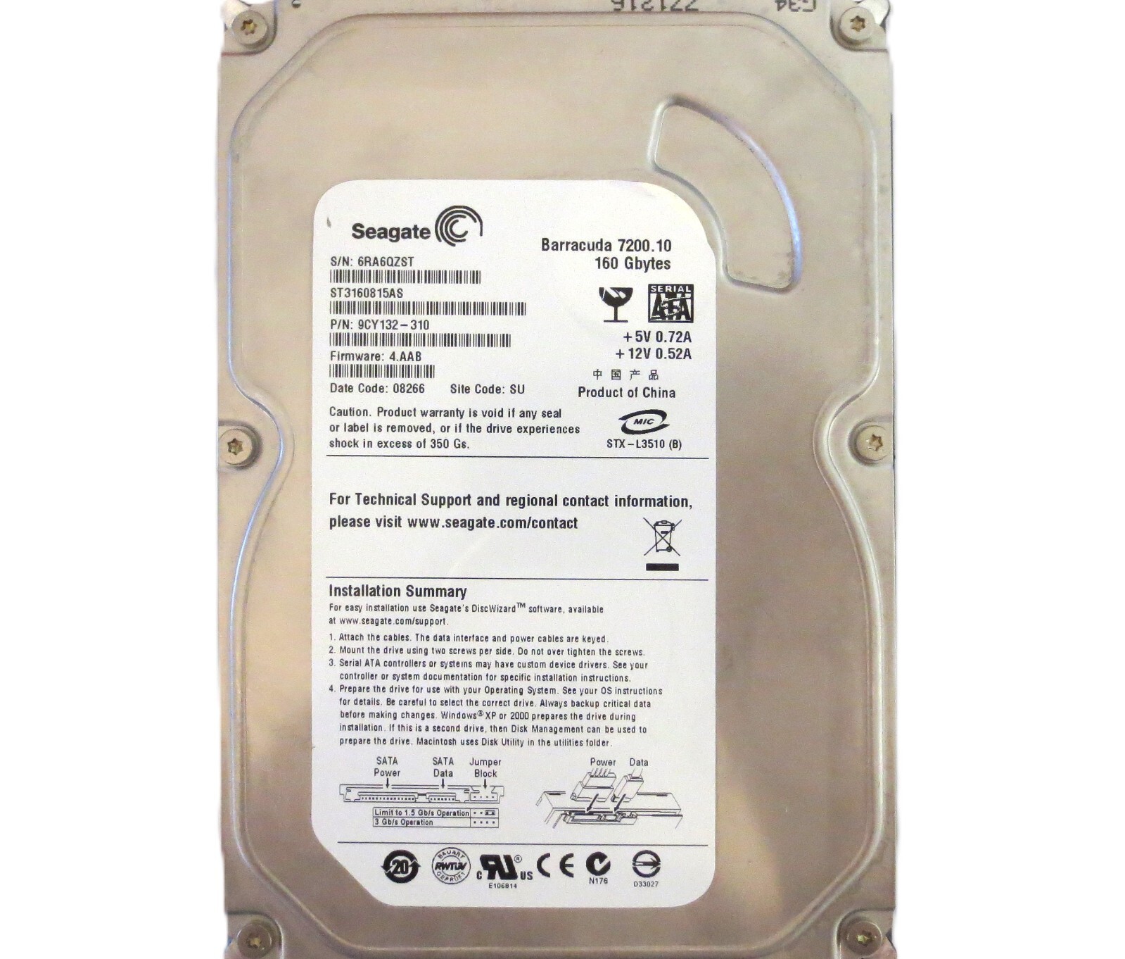 Seagate ST3160815AS 9CY132-310 4.AAB SU (6RA) China 160gb 3.5" Sata HDD 01/2008