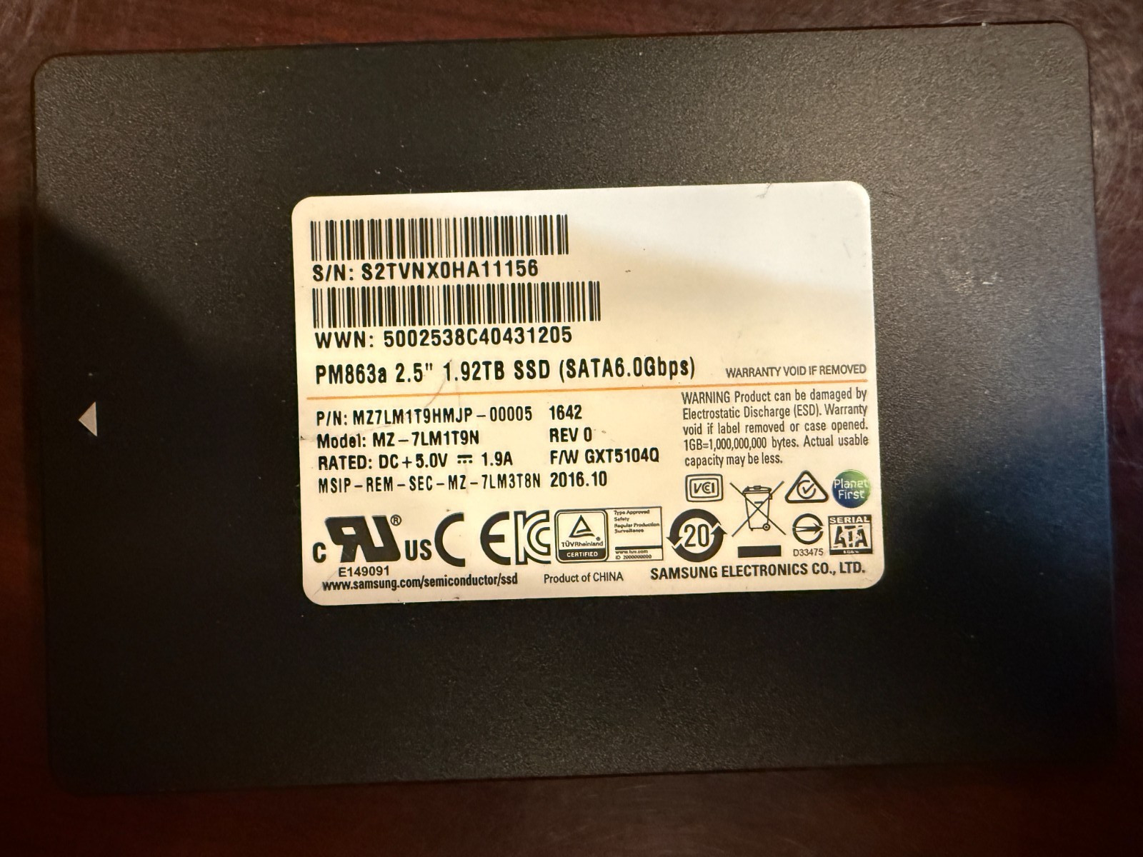 Samsung 1.92TB PM863a SSD 2.5" SATA MZ-7LH1T90 MZ7LH1T9HMJP 97%+ Health