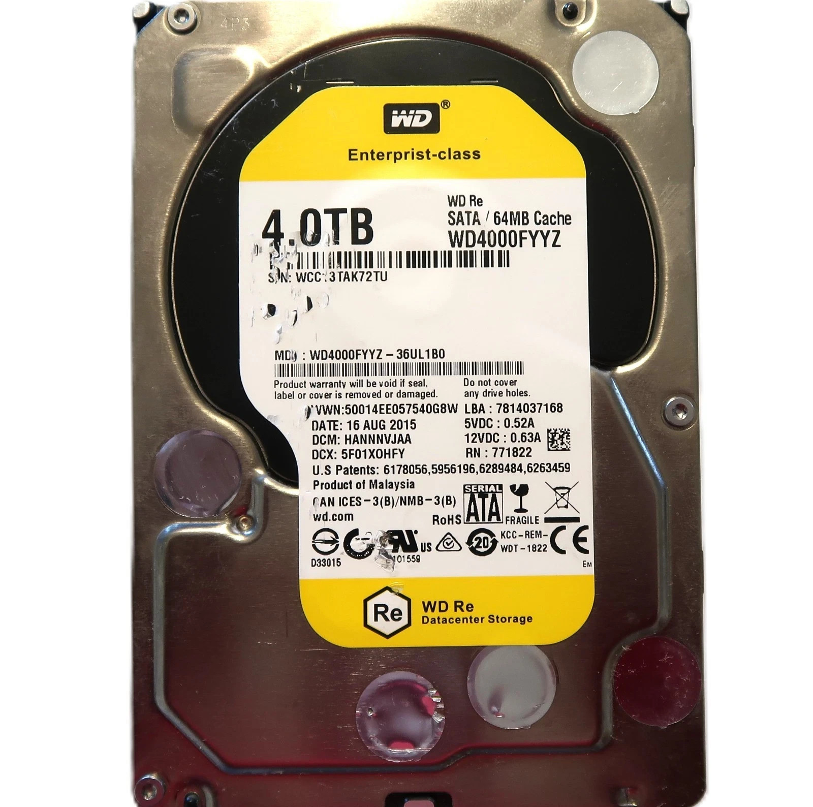 WD4000FYYZ-36UL1B0 DCM: HANNNVJAA (WCC) Malaysia 4.0TB 3.5" Sata HDD AUG/2015