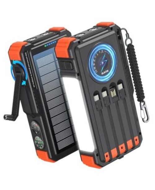 Solar Power Bank with Hand Crank and 4 Cables, 20000mAh Wireless Orange