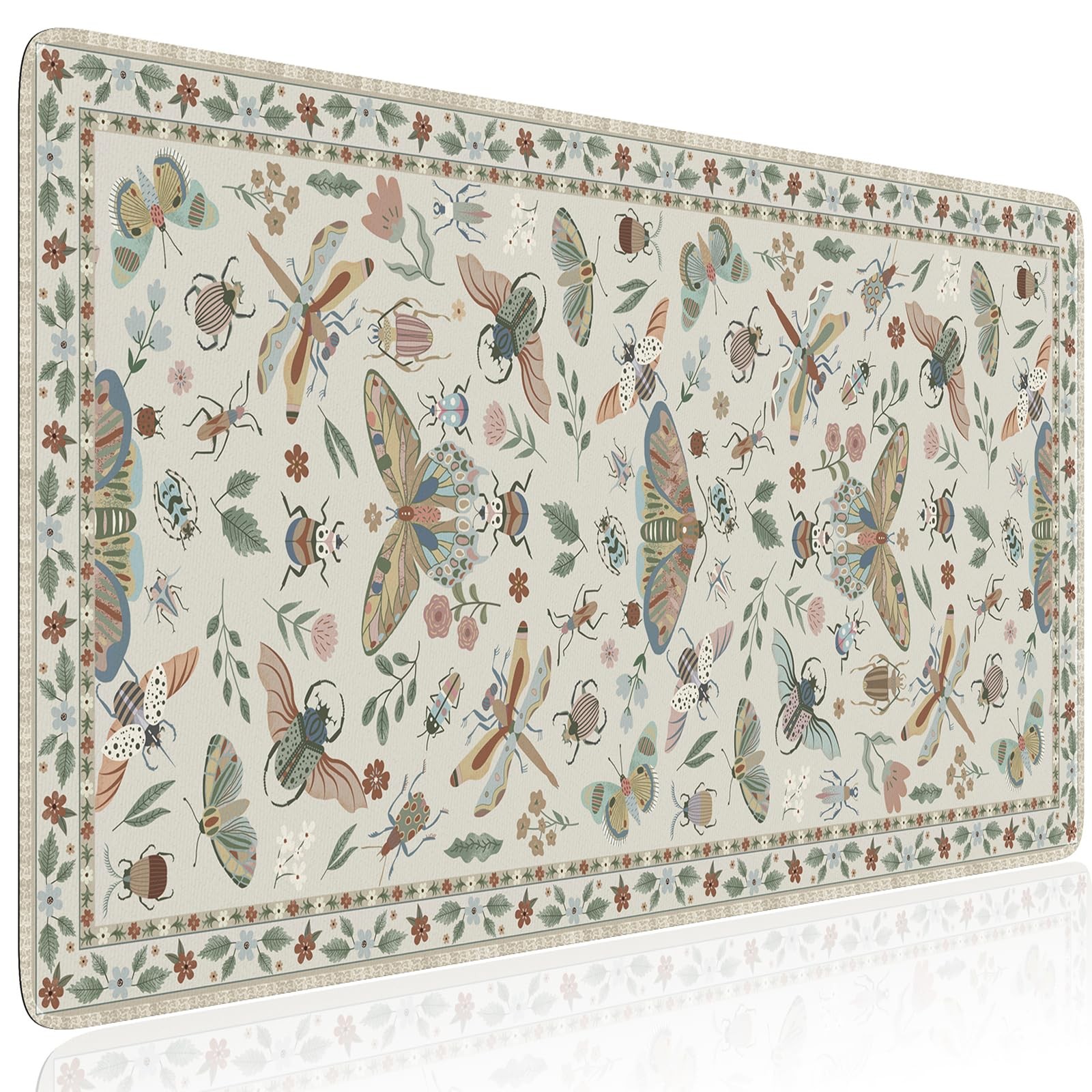 Large Floral Desk Pad, NonSlip Desk Matt for Keyboard MouseBeige