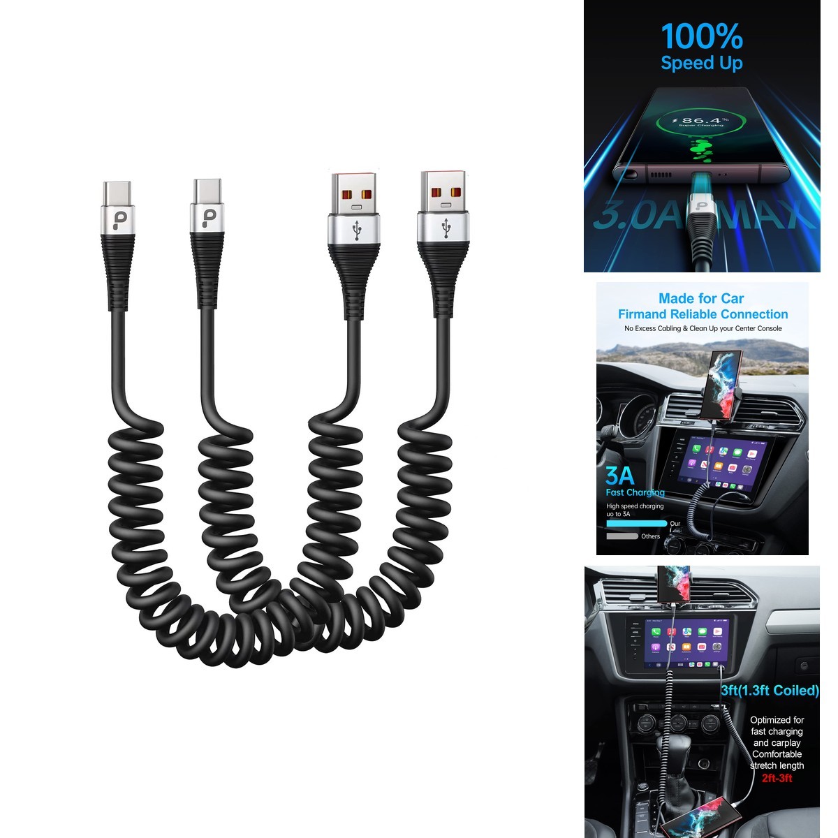 PRAKIE USB C Cable 2Pack 3ft Coiled USB A to Type C Silver