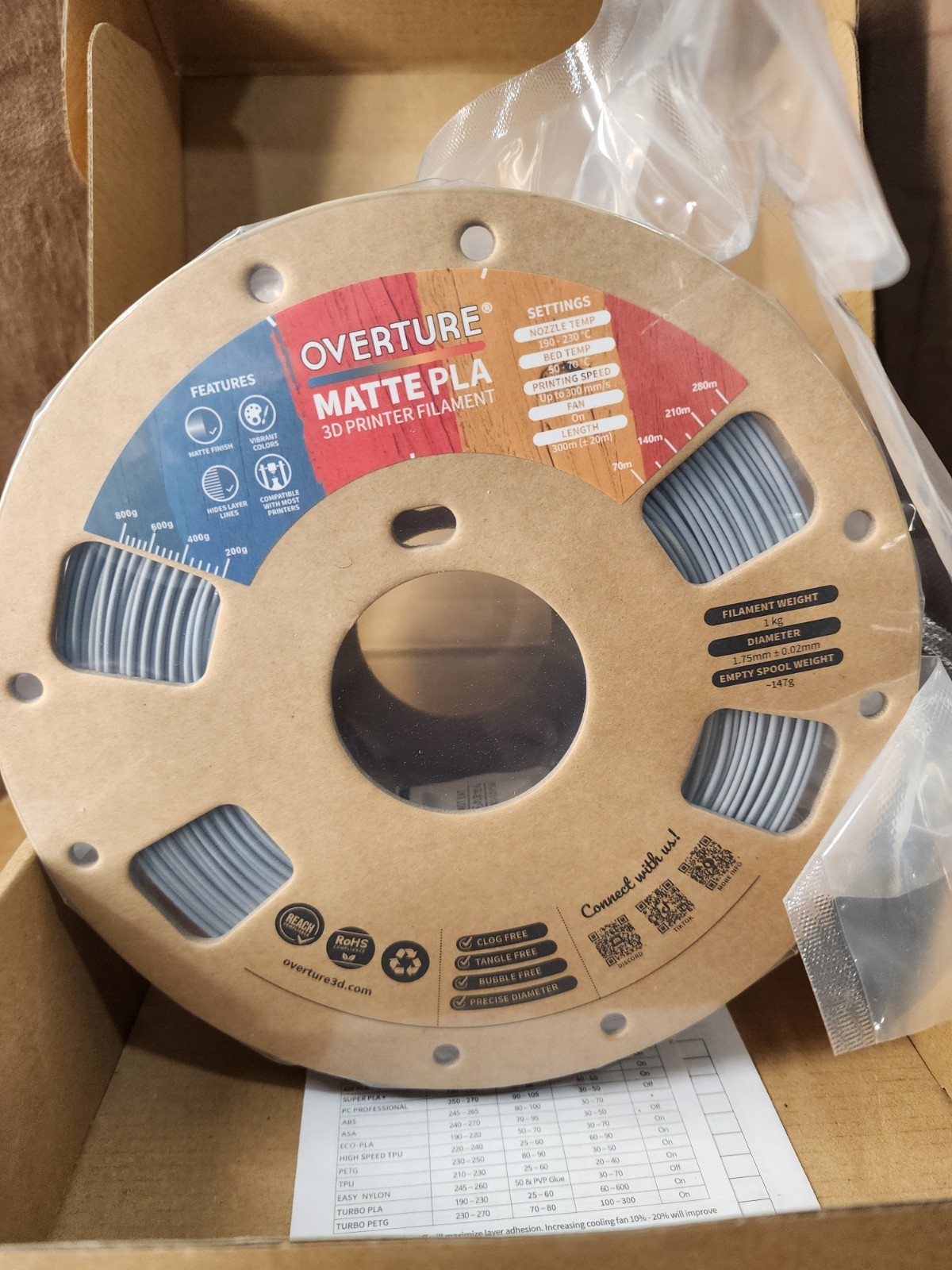 NEW OVERTURE Matte PLA 3D Printer Filament 1.75mm 1kg Matte Light Gray SEALED
