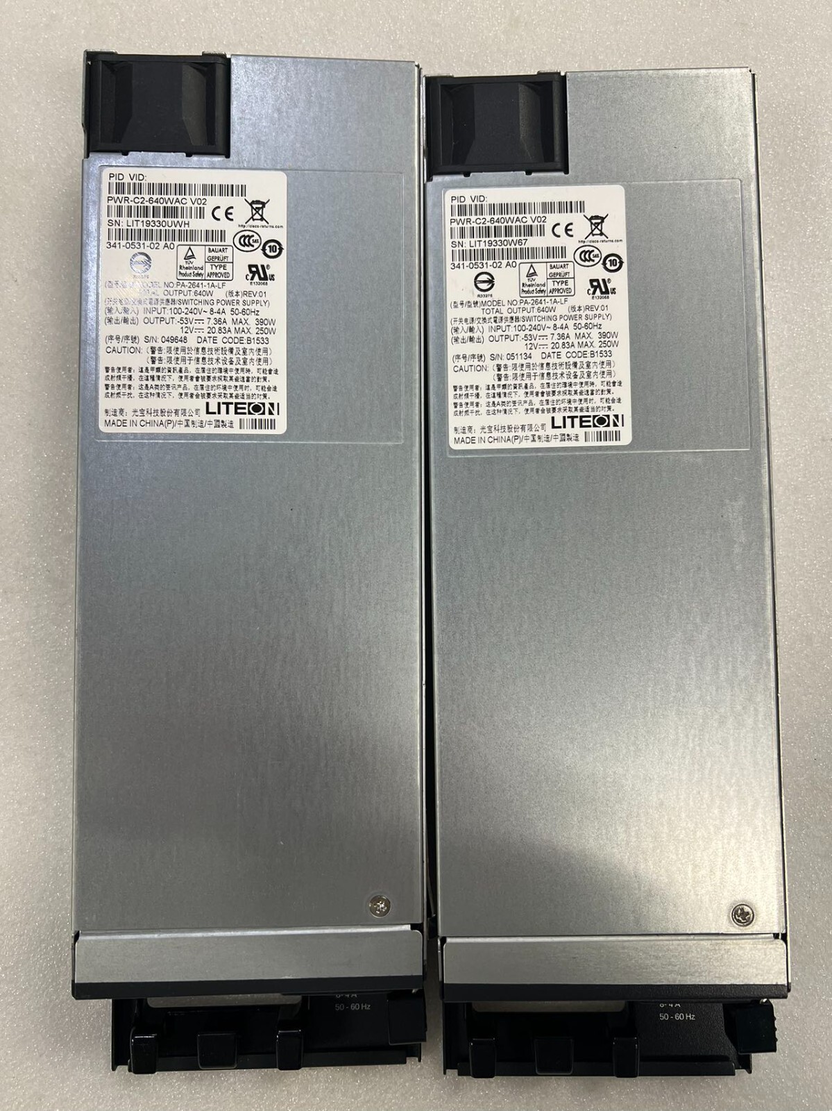 Lot of 2 CISCO PWR-C2-640WAC 640W LITEON POWER SUPPLY PA-2641-1A-LF