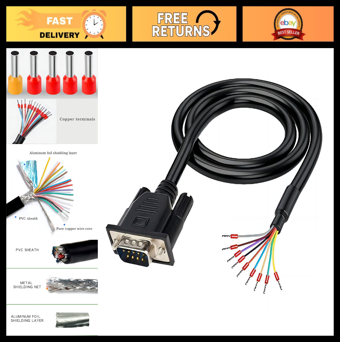 10FT RS232 DB9 Male to Bare Wire Extension Cable, Gold Plated, Shielded, Durable