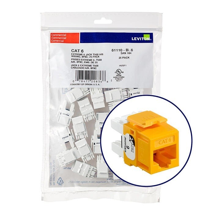 Leviton 61110-BY6 Extreme Category 6 UTP Quickport Jack Yellow 25-pack