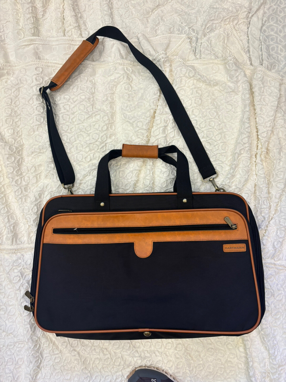 Hartmann Luggage Black Nylon Tan Leather Trim Briefcase Travel Carry On