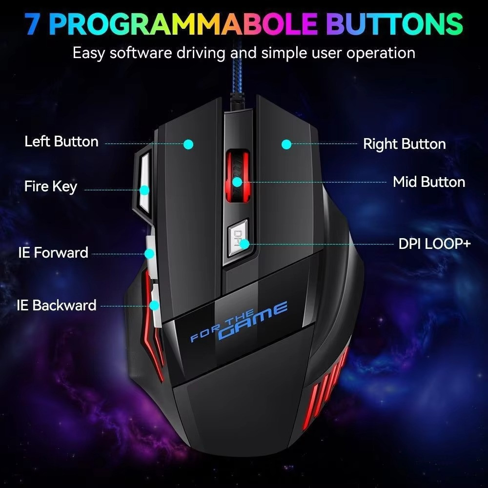 5500 DPI Gaming Mouse Wired RGB 7 Button Ergonomic Silent & Sound USB PC Laptop