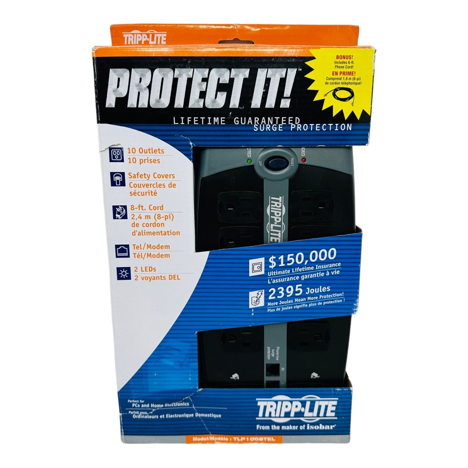 Tripp Lite, TRPTLP1008TEL, 10-Outlet Surge Protector, 1 Each, Silver
