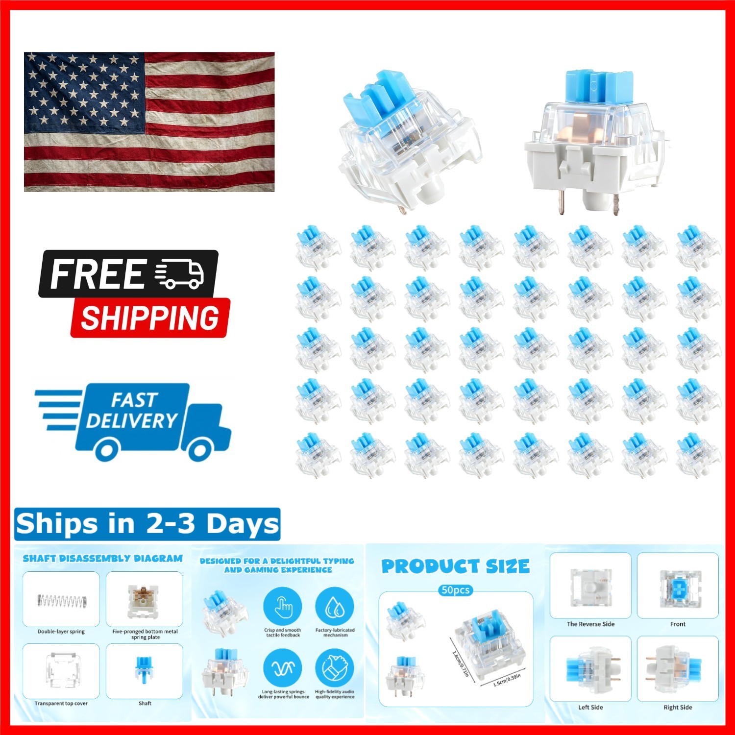 Pre-Lubricated 3-PIN Blue Keyboard Switches - 50 Count for Gaming & Typing