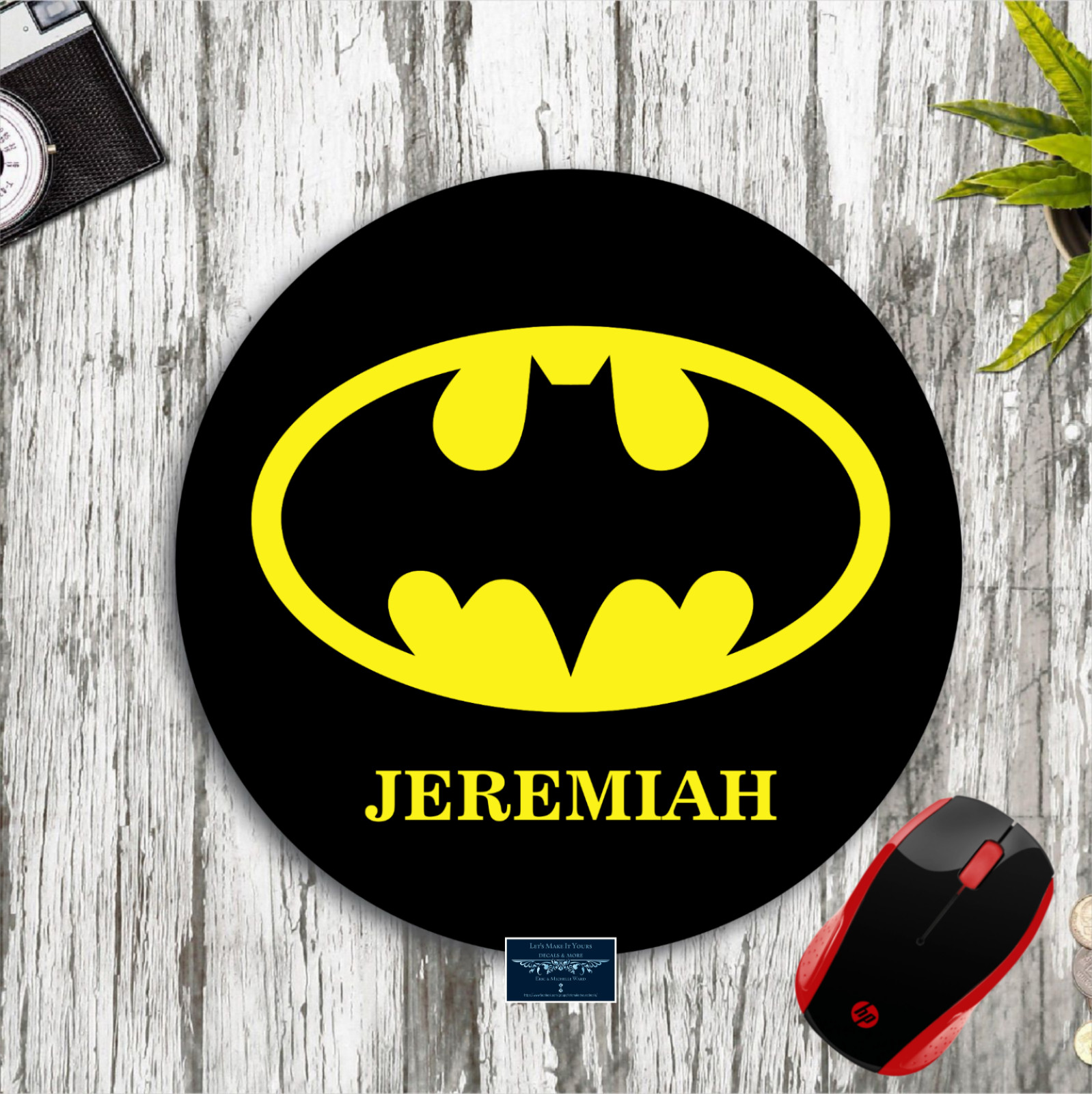 BATMAN BLACK & YELLOW  LOGO PERSONALIZED YOUR NAME CUSTOM ROUND MOUSE PAD MAT