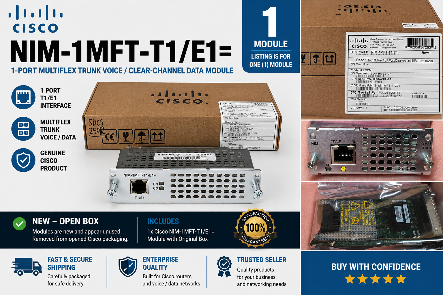 Cisco NIM-1MFT-T1/E1= 1-Port T1/E1 Multiflex Trunk Voice Data Module