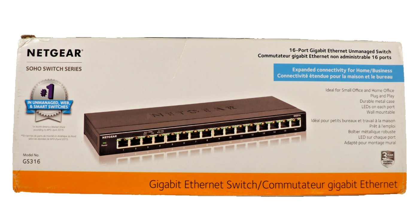 NETGEAR GS316 GS316-100NAS 16-Port Rack Mountable Ethernet Switch