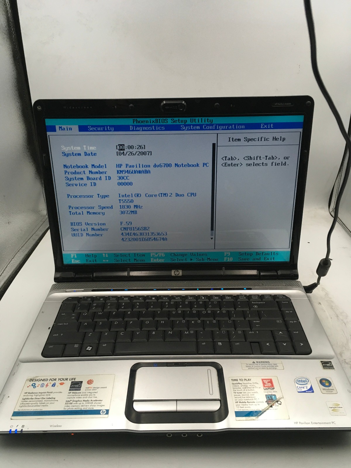 HP PAVILION DV6700 - BOOTS TO BIOS - INTEL T5550 - 3GB RAM - 16" - READ DESC -BB