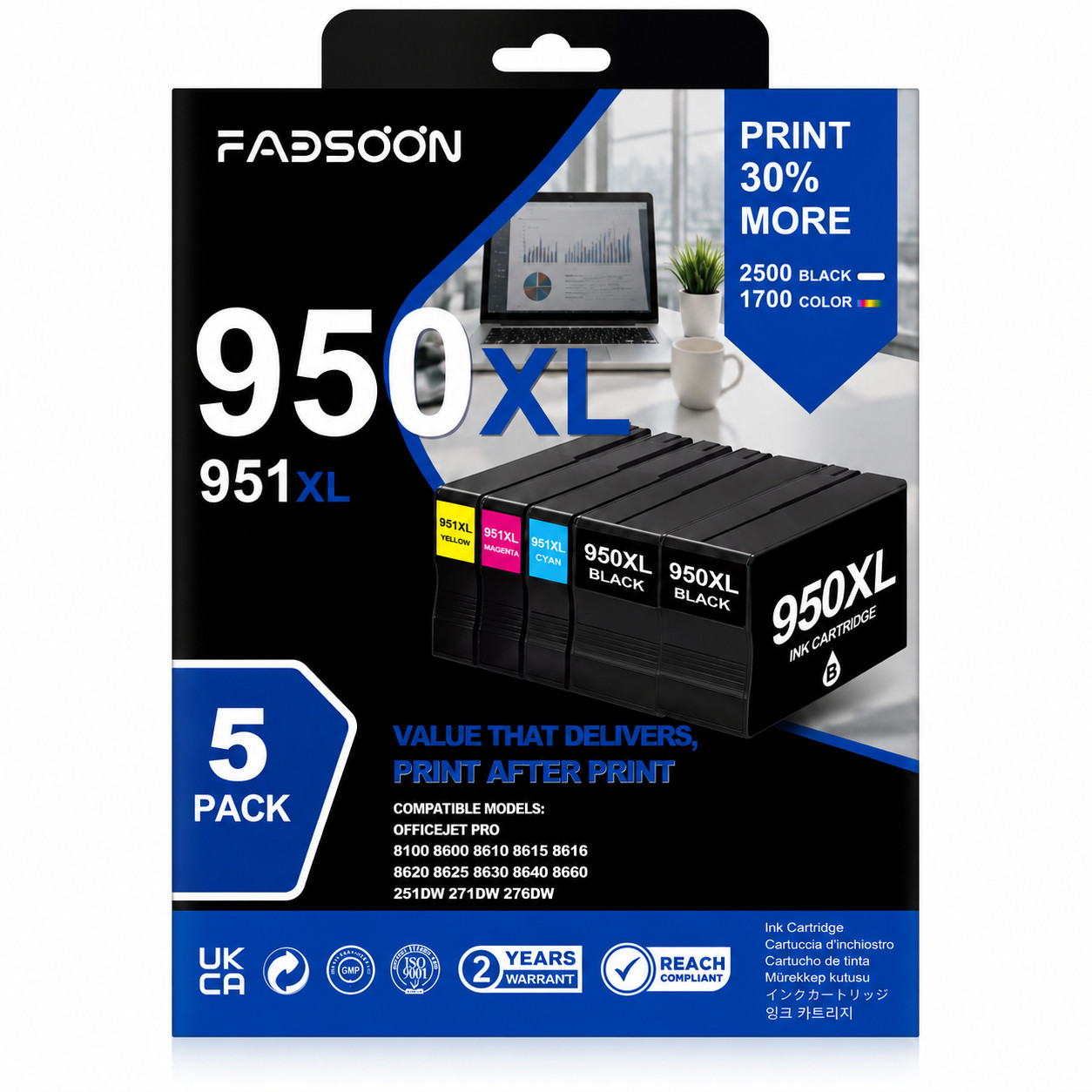 950XL 2BK 951XL 3PK 5 Pack 2BK C M Y Ink OfficeJet Pro 8600 8610 8620 8630 8640