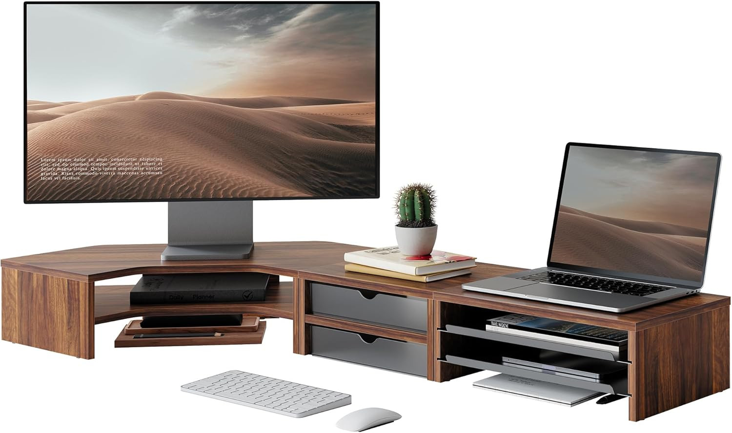 Dual Monitor Stand, 2-Tier Corner Monitor Riser with Drawer and Slide-Out Tray,