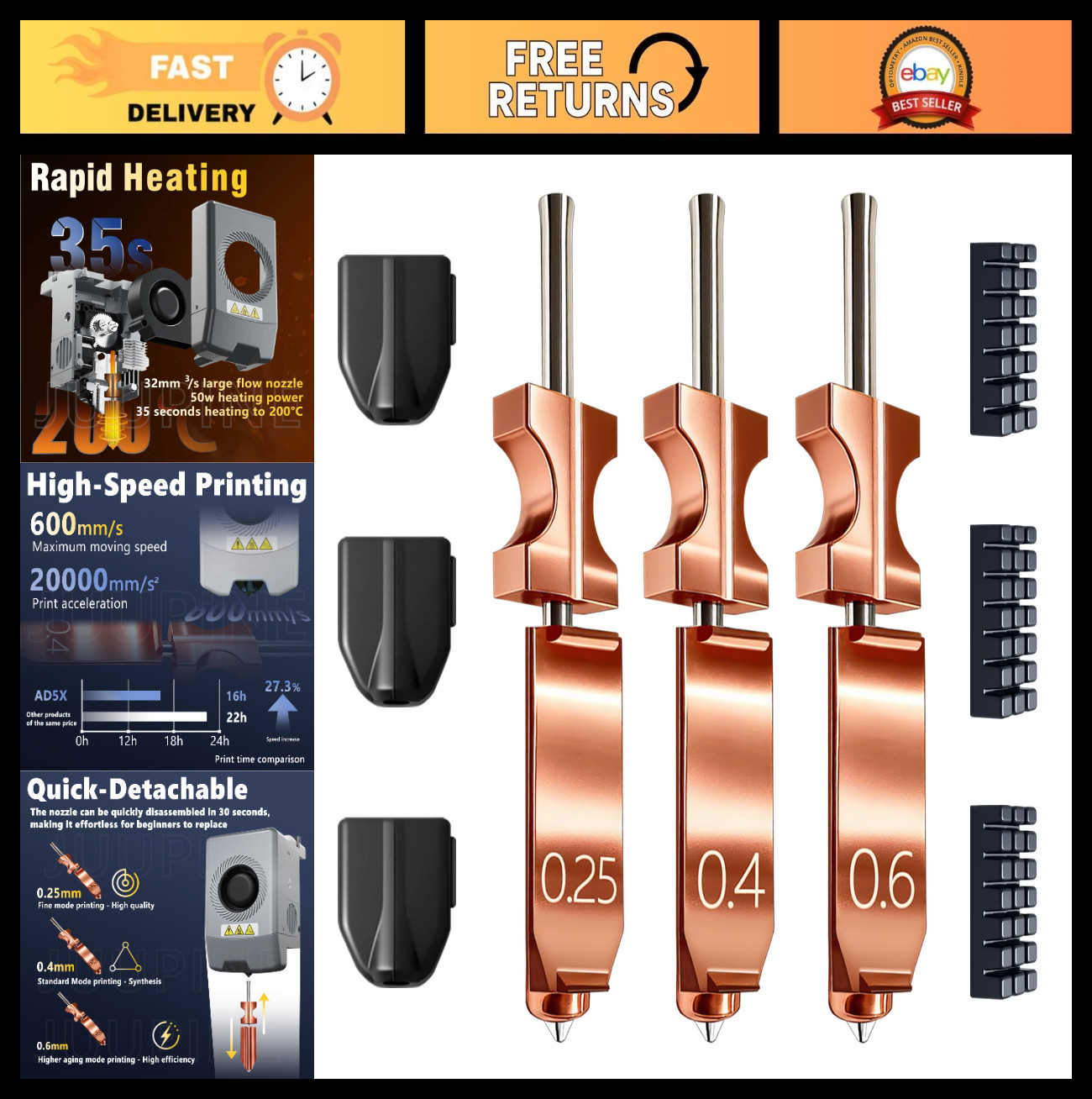 Upgraded 0.25MM 0.4MM 0.6MM Hotend Kit - All Metal Quick-Detachable Nozzle, 550°