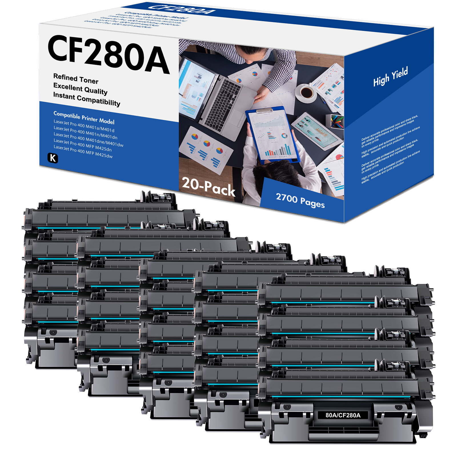 20PK CF280A 80A Toner Cartridge for HP LaserJet Pro M401dw M425dn M425dw