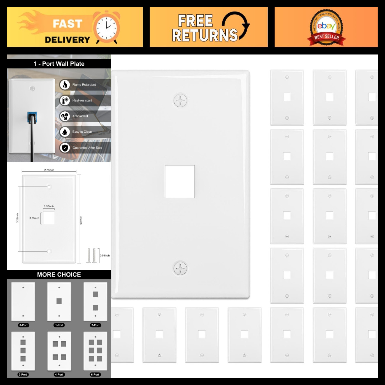 1-Port Keystone Wall Plate 20-Pack, White - Low Voltage Cable Wall Plates