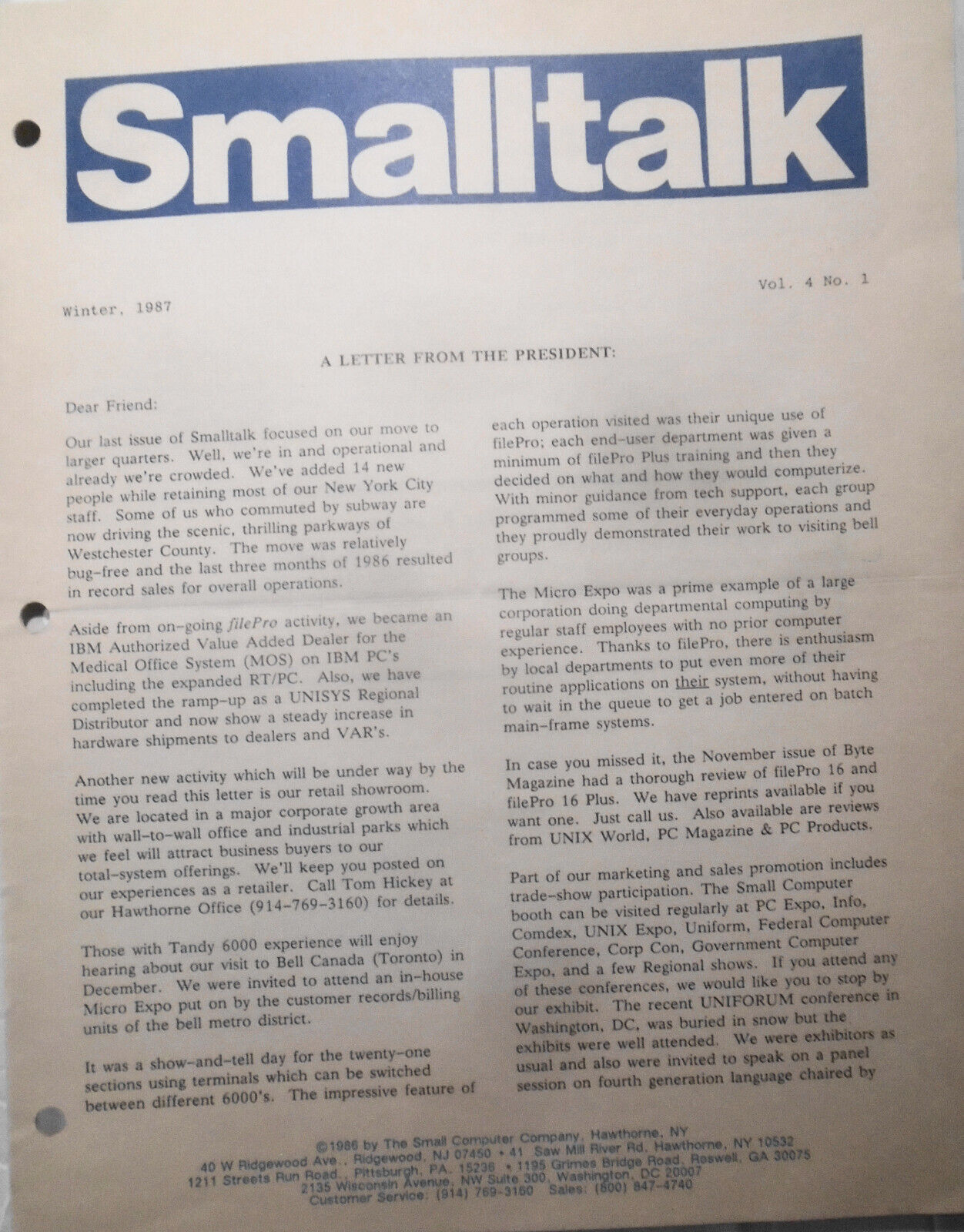 Smalltalk Winter 1987 - for filePro users & developers. Radio Shack, et al.