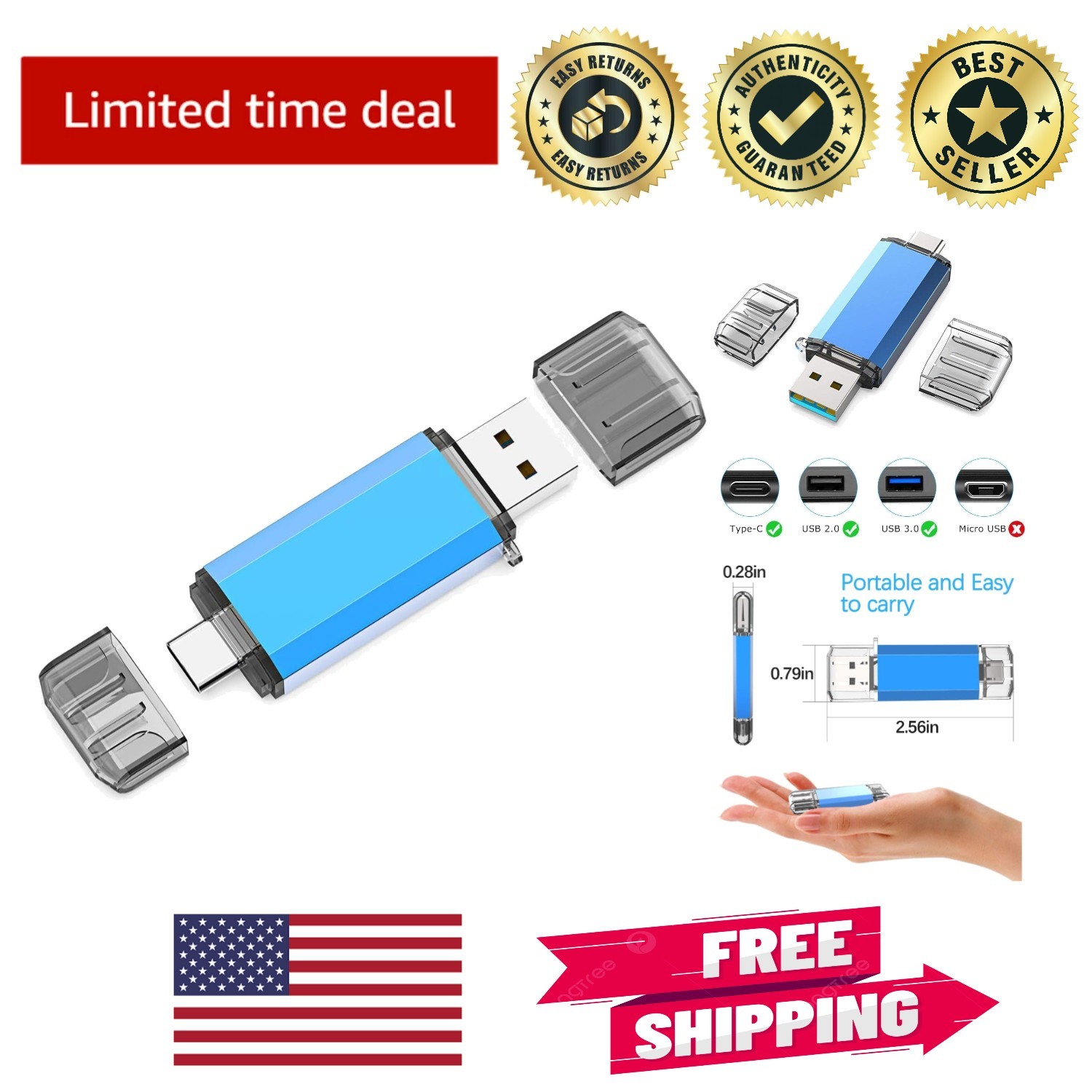 Elegant 128GB Thumb Drive: USB C/3.0, High-Speed Up to 90 MB/s, Portable Design