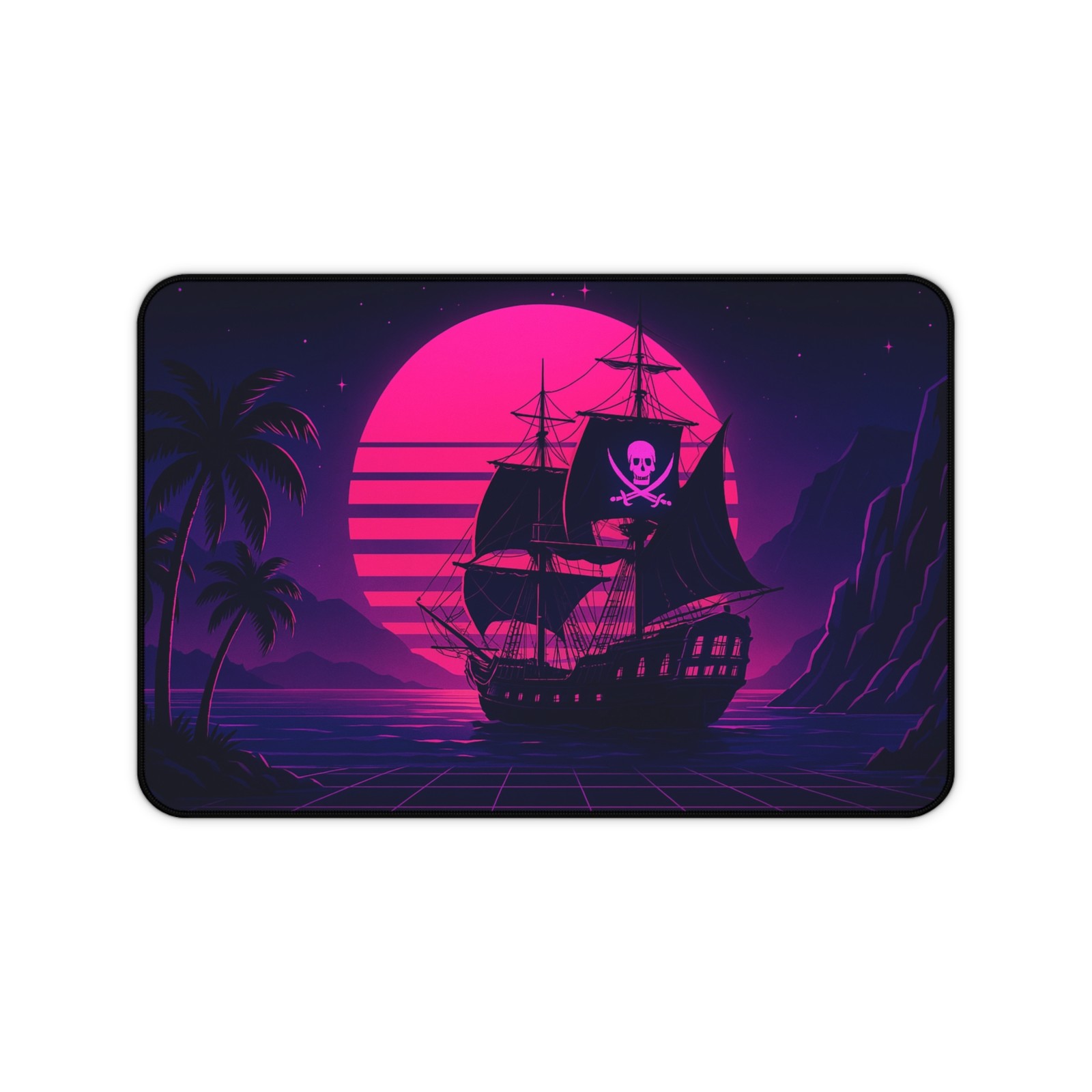 Neon Pirate Ship Gaming Mouse Pad Vaporwave Sunset Extended Desk Mat Design