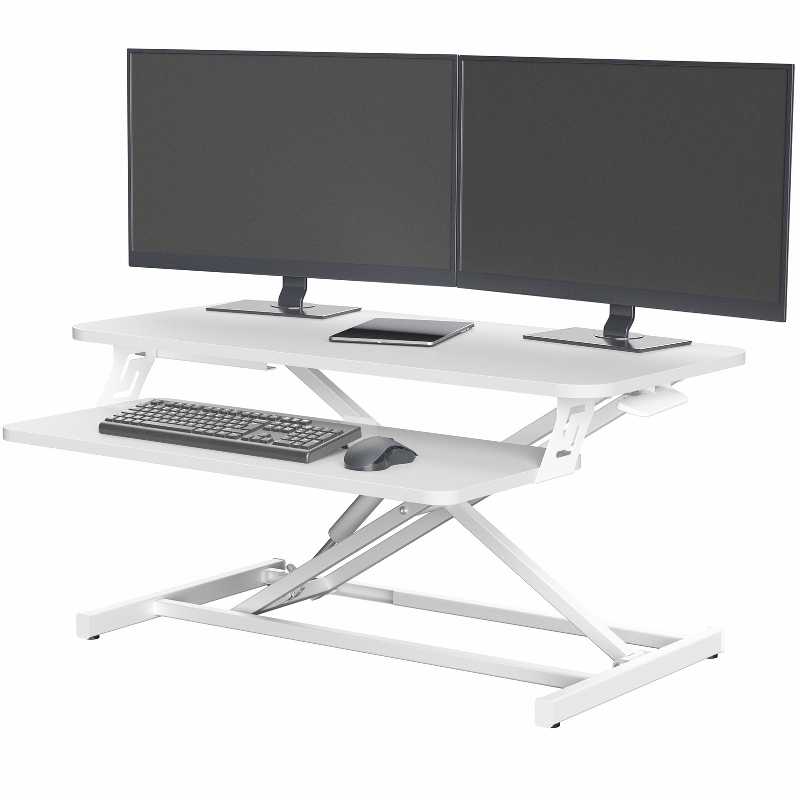 VIVO White Height Adjustable 32" Standing Desk Monitor Riser, Sit Stand Tabletop
