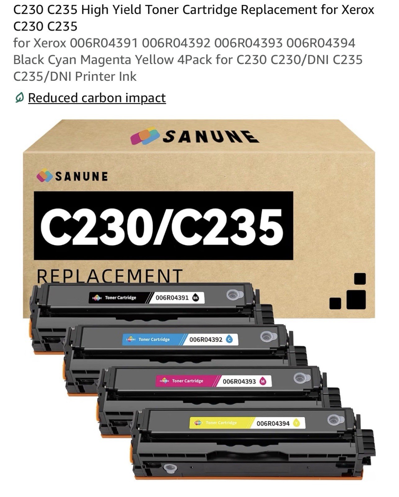 SANUNE C230 C235 High Yield Toner Cartridge 4-Pack