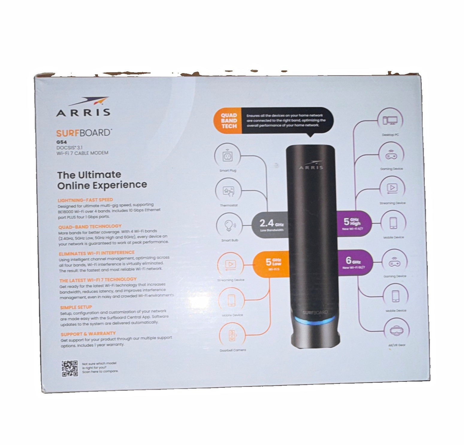 ARRIS SURFboard G54 DOCSIS 3.1 Wi‑Fi 7 Cable Modem Router Combo BE18000 10Gbps