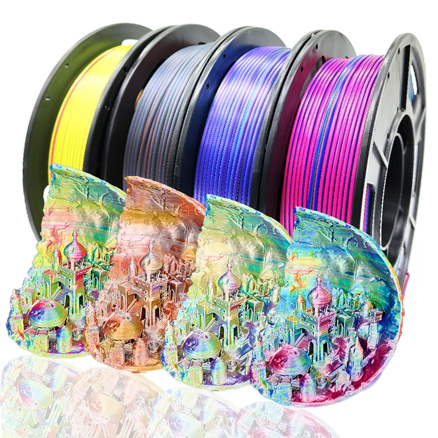 Tricolor Silk PLA Filament Pack of 4 Spools 250g Triple Extrusion 3D Printing
